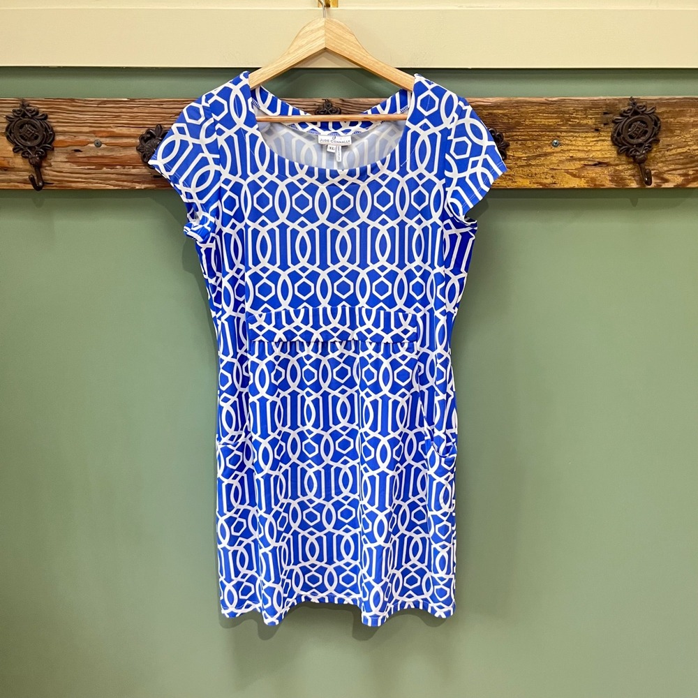 Jude Connally Blue White Geometric Trellis Cap Sleeve Dress Pockets XL